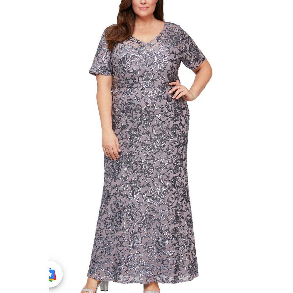 Alex Evenings Maxi Dress Icy Orchid Sequin V-Neck Mother of The Bride (Size 22W)